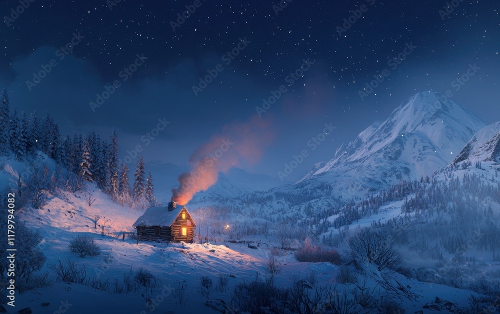 Fototapeta premium A remote cabin nestled in a snowy mountain valley, smoke rising from the chimney under a starry sky