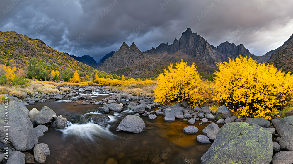 Fototapeta premium Small waterfall on autumn day in forest
