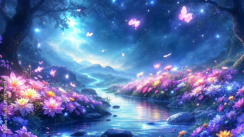 Enchanted Forest with Glowing Flowers, Sparkling Stream, and Magical Butterflies Enchanted Forest with Glowing Flowers, Sparkling Stream, and Magical Butterflies