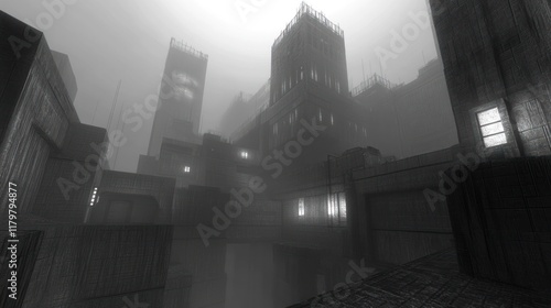 Misty, futuristic, grayscale cityscape with towering, angular structures.  Foggy, urban, industrial, architectural,  dark,  monochrome,  perspective,  cityscape,  exterior,  buildings,  urban,  concre photo