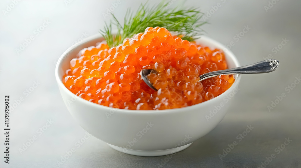 Fresh Salmon Roe in White Bowl Garnished with Green Dill on Neutral Background Fresh Salmon Roe in White Bowl Garnished with Green Dill on Neutral Background