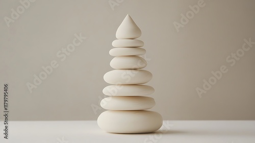 A wooden stacking tower in white and cream tones on a clean surface photo