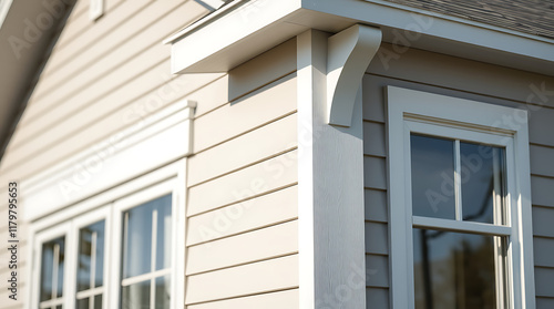 Close-up view of a house exterior, featuring beige vinyl siding, white window frames, and a white corner bracket.  The image showcases clean lines and crisp detailing.