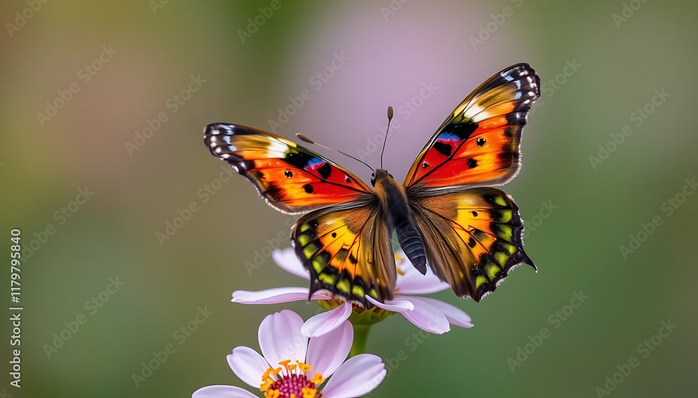 Obraz premium Vibrant Painted Lady Butterfly on Pink Flower Soft Green Background