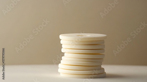 A playful arrangement of stacking discs in cream and white tones on a table photo