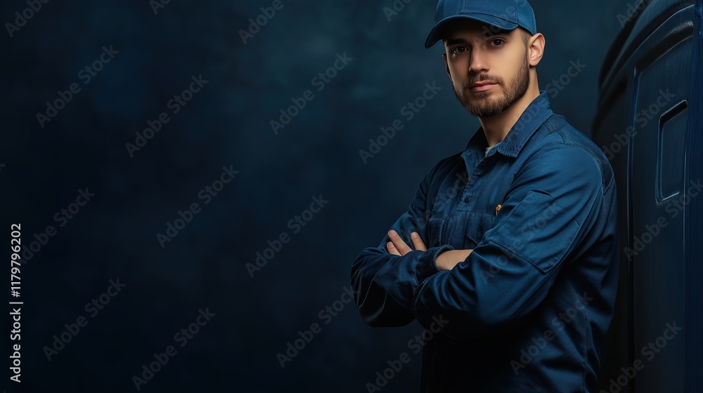 Confident Worker in Uniform Against Dark Background Confident Worker in Uniform Against Dark Background