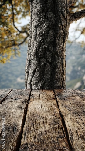 Rustic Wooden Table with Majestic Tree in Autumn Landscape photo