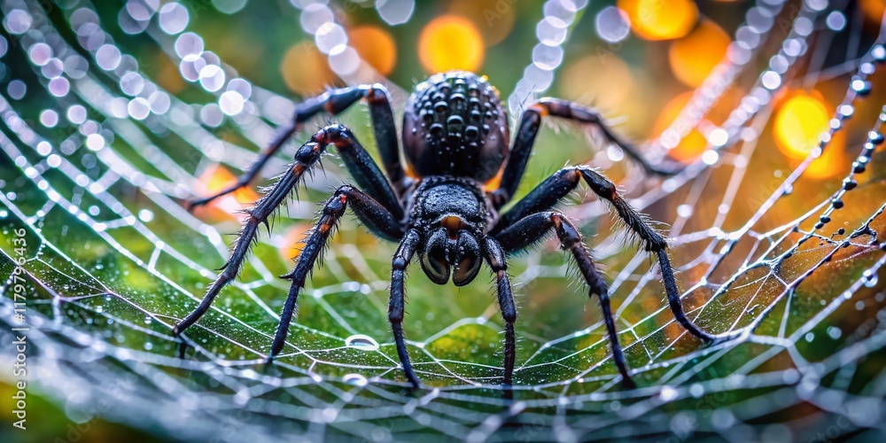 Macro Photography: Black Spider in Intricate Web - Nature Close-Up Macro Photography: Black Spider in Intricate Web - Nature Close-Up