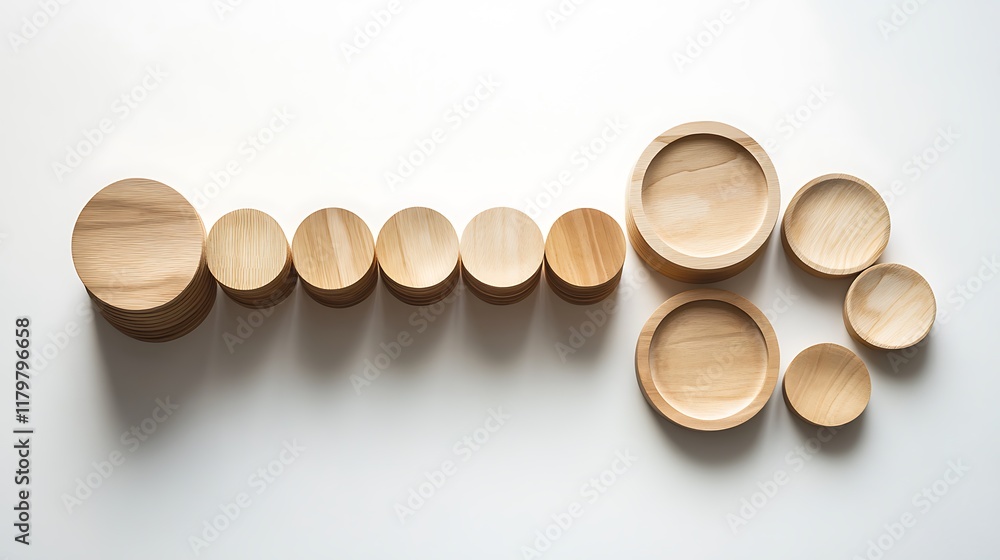 A flat-lay of wooden stacking discs arranged beside the circle tower base A flat-lay of wooden stacking discs arranged beside the circle tower base