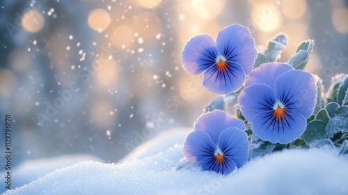 Three purple pansies in snowy winter scene. photo