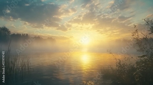 Wallpaper Mural Misty river sunrise landscape with golden sun. Torontodigital.ca