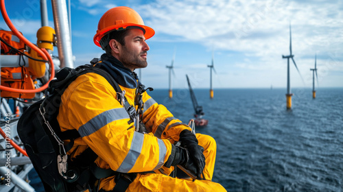 Offshore technician in safety gear, overlooking wind turbines at sea, feeling focused and determined
