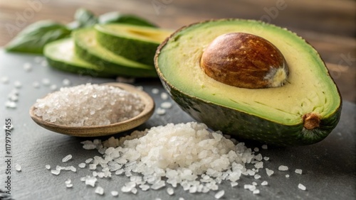 A mesmerizing closeup of a natural ingredient a halfsliced avocado revealing its creamy rich interior resting next to a sprinkle of sea salt with the vibrant green shades photo