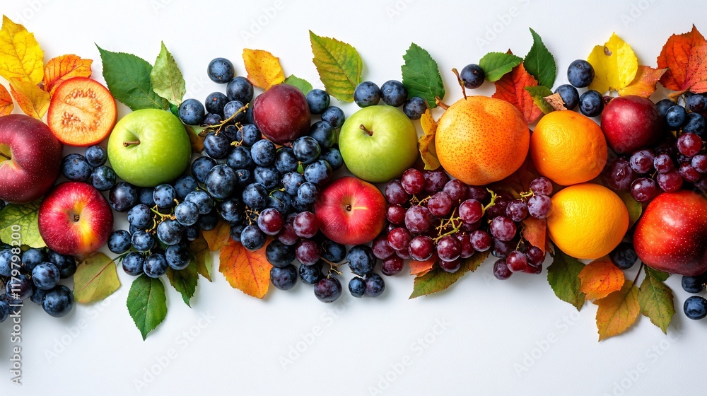 Fresh fruits and colorful leaves arranged beautifully on a white surface Fresh fruits and colorful leaves arranged beautifully on a white surface