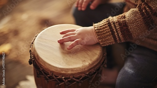 A childâ€™s hand tapping the drumhead of a minimalist wooden drum
