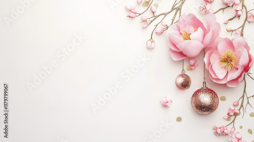 Chinese new year, chinese festivals , pink ,valentine ,minimal little pink peony and the moon,cherry blossoms,golden dragon, on white background,with copy space,illustrator, greeting card.