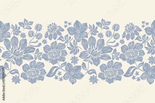 Vintage floral ethnic tapestry modern embroidery texture boho design vector illustration hand drawn silhouette indigo blue flower motif branches leaves wallpaper seamless background border.