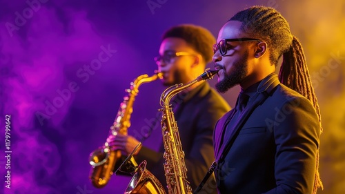 Two saxophonists perform on stage, illuminated by colorful lights, creating a vibrant atmosphere filled with music and energy. photo