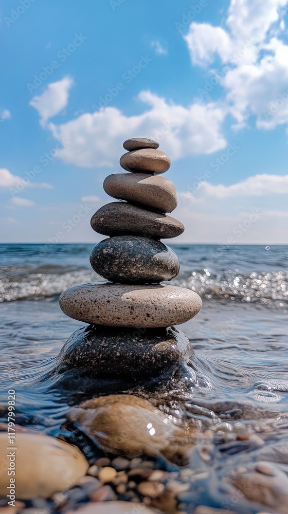 Serene Stacked Stones by the Ocean Shore Serene Stacked Stones by the Ocean Shore