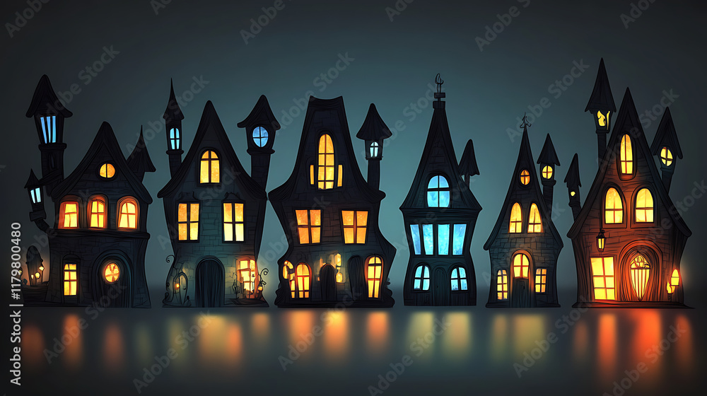 A whimsical row of colorful, illuminated houses with unique architectural styles. A whimsical row of colorful, illuminated houses with unique architectural styles.