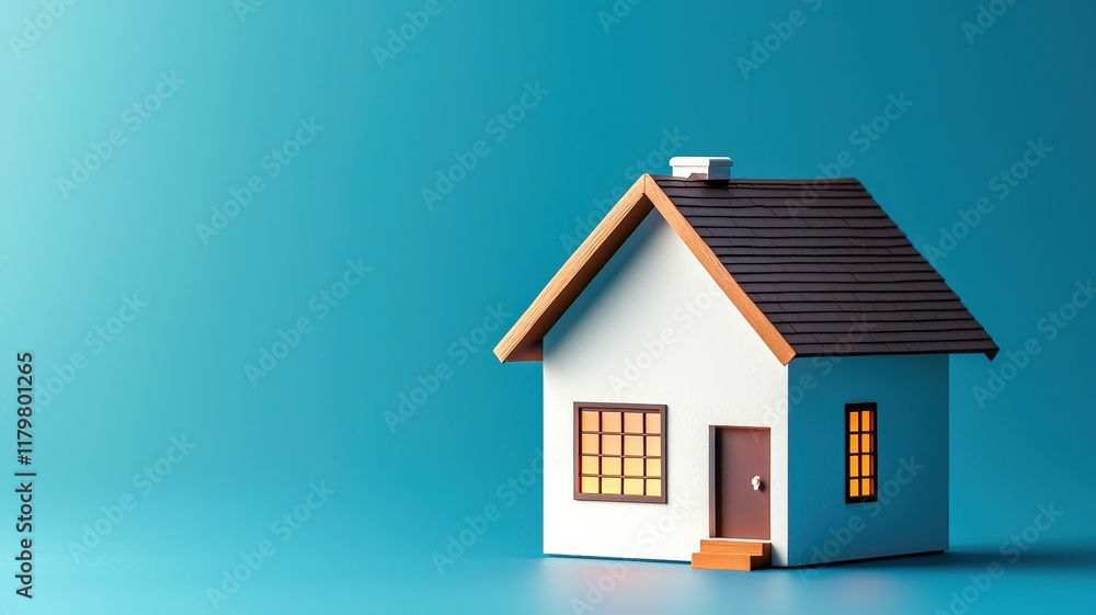 A cute miniature house model against a vibrant blue background, featuring a brown roof and illuminated windows. A cute miniature house model against a vibrant blue background, featuring a brown roof and illuminated windows.