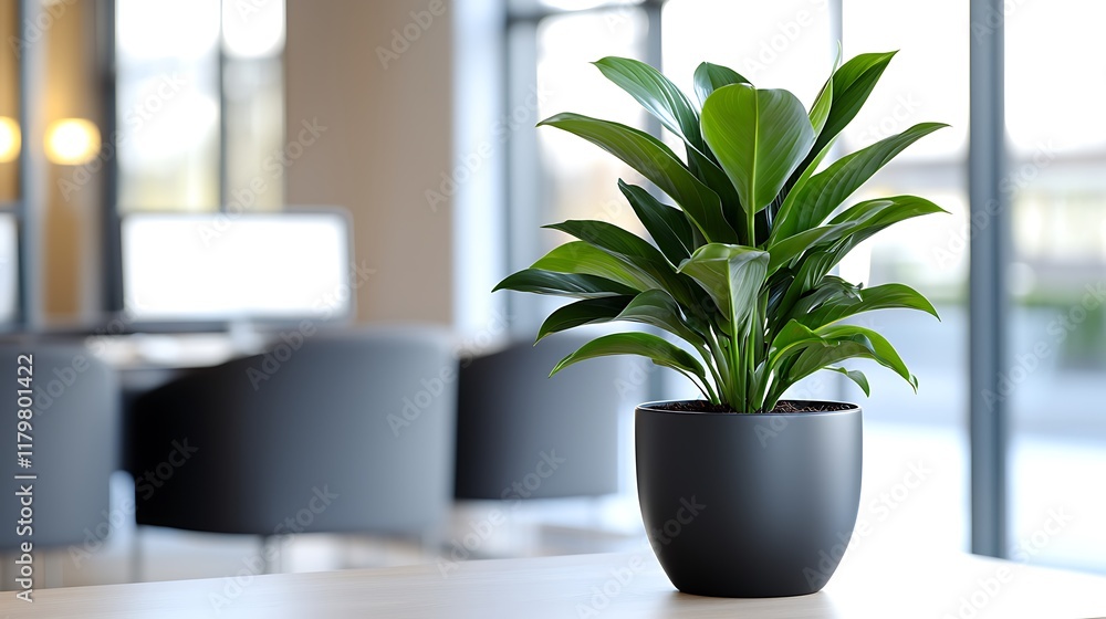 Lush green houseplant in a modern gray pot sits on a light wood table in a blurred office setting. Lush green houseplant in a modern gray pot sits on a light wood table in a blurred office setting.