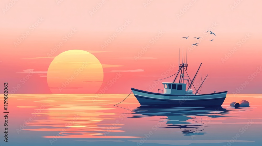 Tranquil sunset scene with a fishing boat gently bobbing on the calm ocean waters. Tranquil sunset scene with a fishing boat gently bobbing on the calm ocean waters.