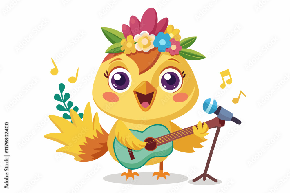 Fototapeta premium Cute Cartoon Baby Chick with Flower Crown and Colorful Feathers – Adorable Springtime Character Illustration