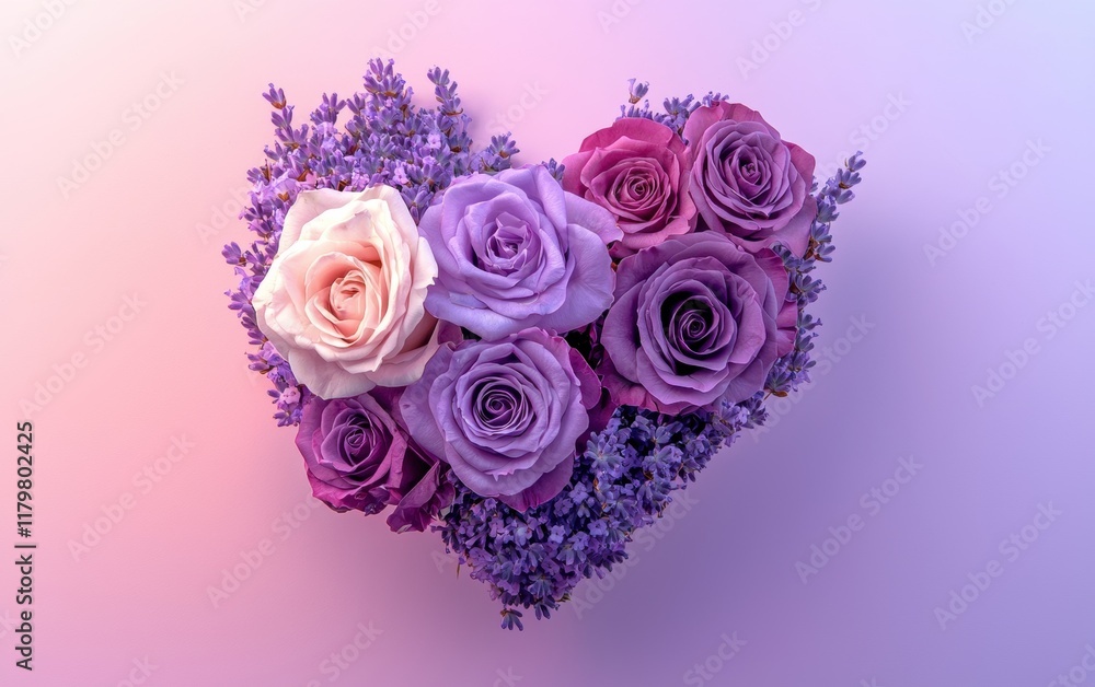 A heart-shaped bouquet with fresh lavender and purple roses on a gradient pink-to-purple backdrop for valentines day A heart-shaped bouquet with fresh lavender and purple roses on a gradient pink-to-purple backdrop for valentines day