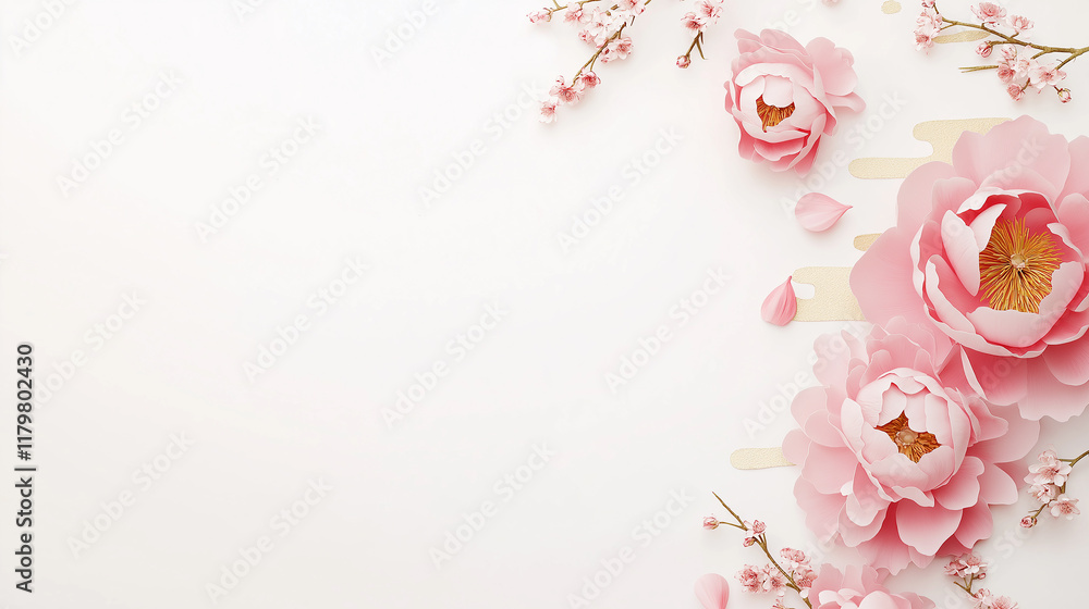 Fototapeta premium Chinese new year, chinese festivals , pink ,valentine ,minimal little pink peony and the moon,cherry blossoms,golden dragon, on white background,with copy space,illustrator, greeting card.