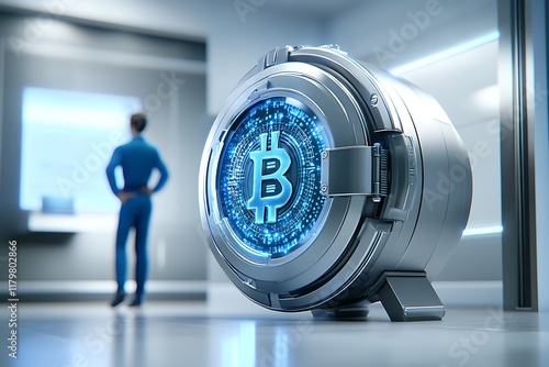 Concept art of a digital cryptocurrency vault with intricate, glowing security systems and encrypted patterns floating in a virtual space photo