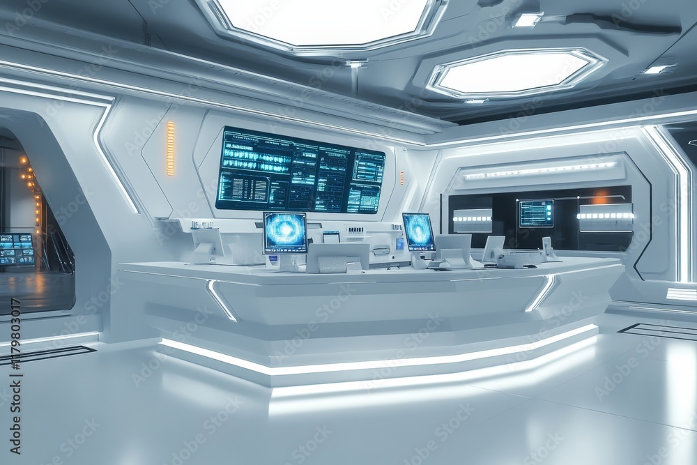 Obraz premium Futuristic Control Room with Advanced Technology and Sleek Design, Featuring Multiple Screens and a Minimalist Aesthetic Ideal for Sci-Fi and Tech-themed Projects