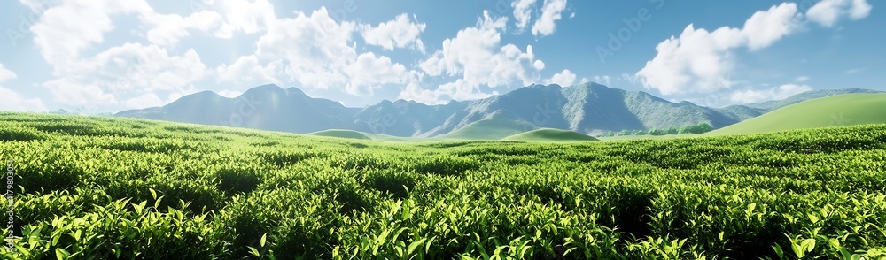Green tea fields, sunshine, mountains in the background Green tea fields, sunshine, mountains in the background