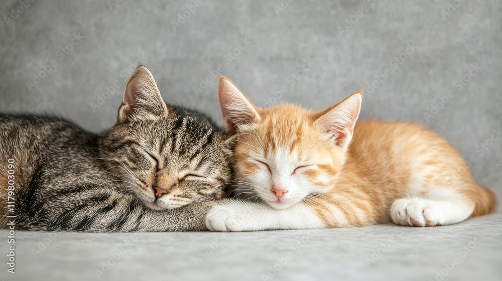 Two adorable kittens, one tabby and one orange, peacefully sleeping side by side on a soft surface. Two adorable kittens, one tabby and one orange, peacefully sleeping side by side on a soft surface.