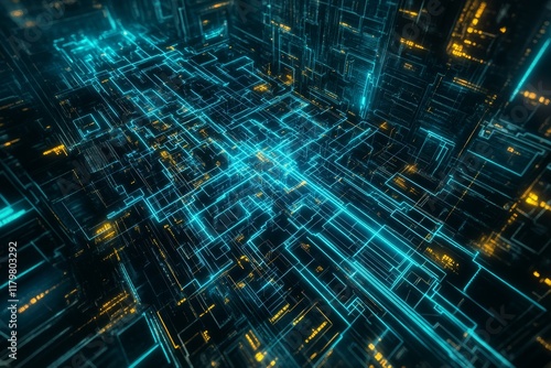 Wallpaper Mural Futuristic Digital Cityscape with Neon Blue and Yellow Lines Creating a Complex Network of Technology and Data, Representing Connectivity and Innovation in a Virtual Space Torontodigital.ca