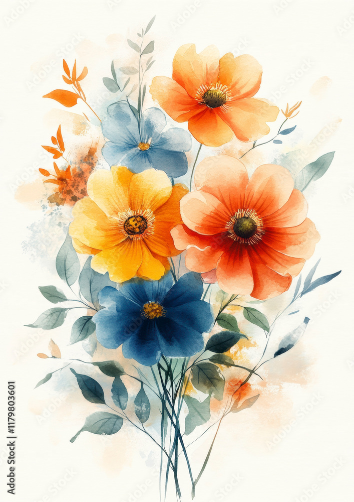 Fototapeta premium Illustration of bright floral arrangement with orange, blue, and yellow flowers on a soft background.