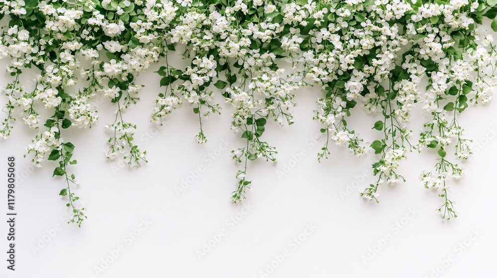 Obraz premium White flowers and green leaves hanging against a plain wall in a bright setting