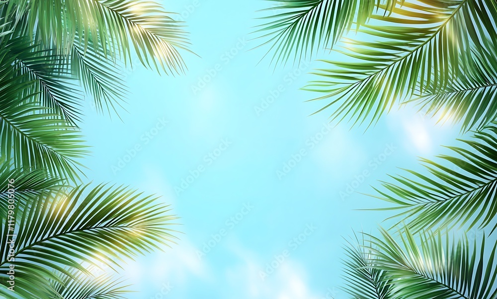Light blue summer background with palm leaves, empty space for product presentation Light blue summer background with palm leaves, empty space for product presentation