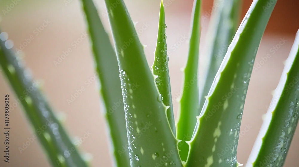 Obraz premium shot of an aloe vera leaf with droplets of water, emphasizing the plant's natural hydration properties. | Aloe Vera 
