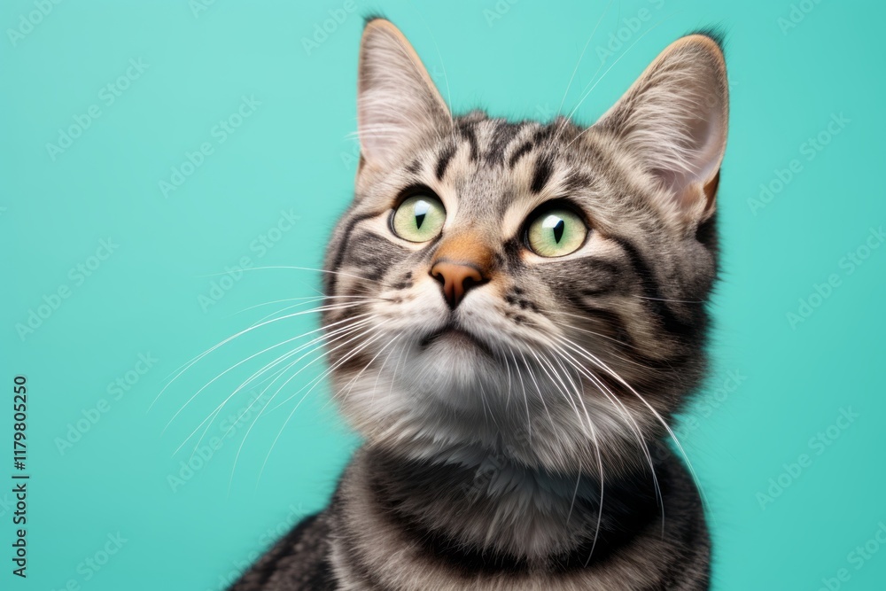 Fototapeta premium Portrait of a funny american bobtail cat isolated on pastel teal background