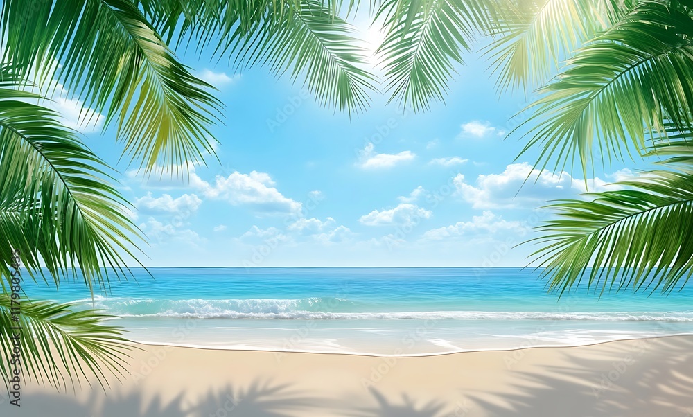 Light blue summer background with palm leaves, empty space for product presentation Light blue summer background with palm leaves, empty space for product presentation