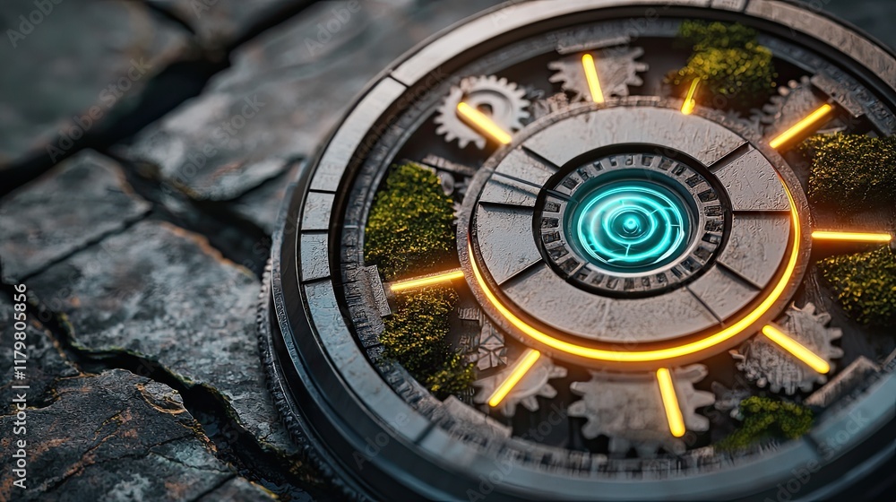Obraz premium Futuristic Visuals with Elements of Temporal Shifts and Paradoxes, a macro photography image of an antique clock mechanism with futuristic glowing gears interspersed with moss and cracks.