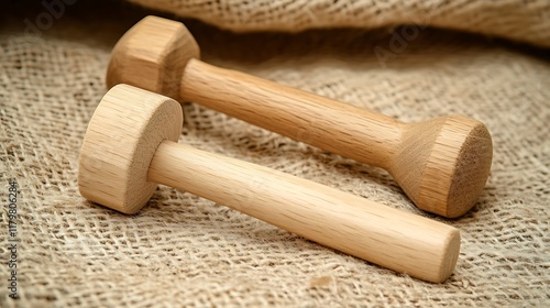 Close-up of a wooden hammer and screwdriver with natural finishes for kids
