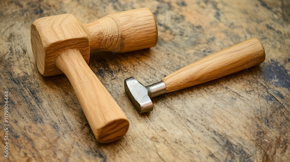 Close-up of a wooden hammer and screwdriver with natural finishes for kids Close-up of a wooden hammer and screwdriver with natural finishes for kids