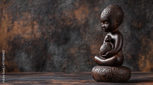Intricate wooden sculpture of mother and child displayed on textured background