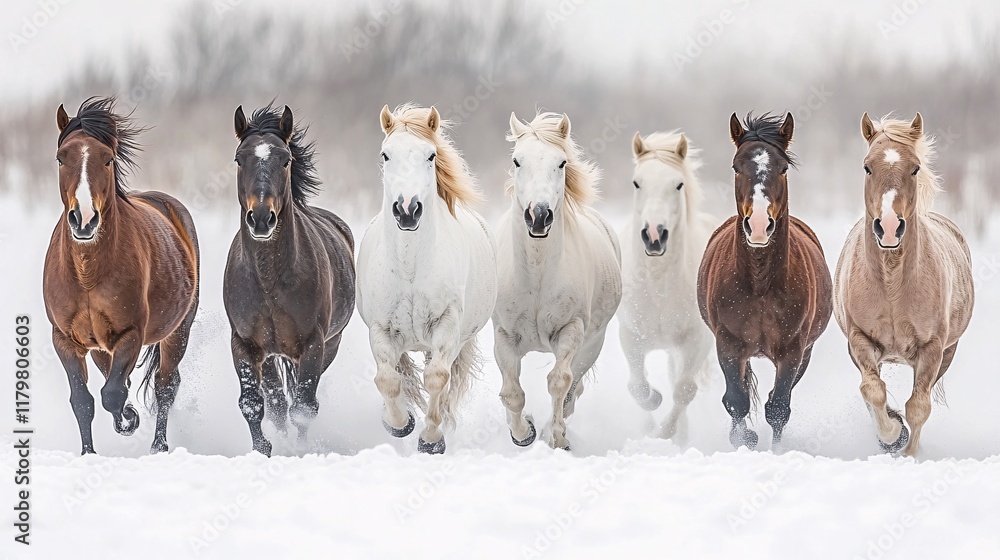Majestic horses running through the snow in a serene winter landscape Majestic horses running through the snow in a serene winter landscape