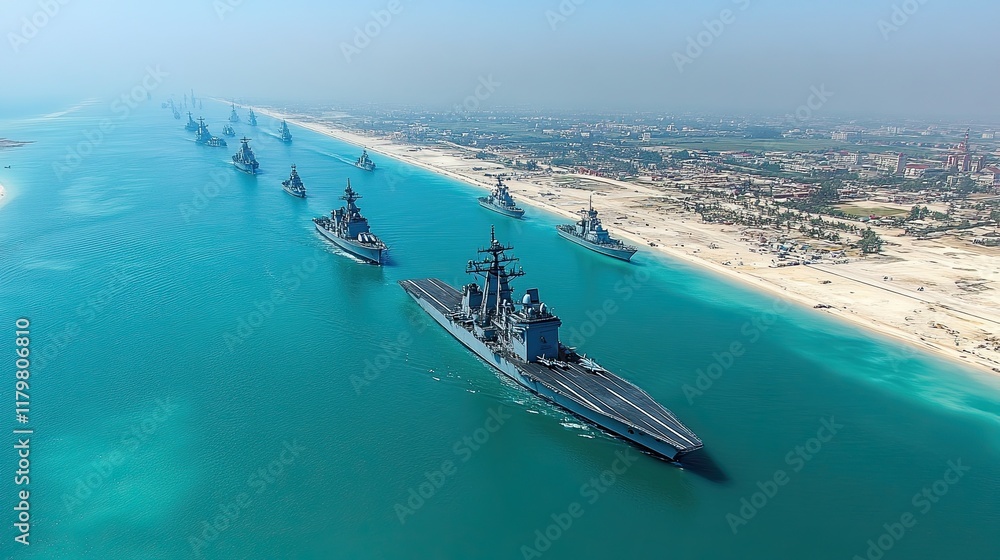 Naklejka premium Naval fleet maneuvers along coastal waters during a clear day under bright sunlight
