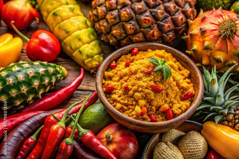 Macro Photography of Vibrant Ghanaian Food: Close-up Details of Spices, Fruits, and Grains Macro Photography of Vibrant Ghanaian Food: Close-up Details of Spices, Fruits, and Grains