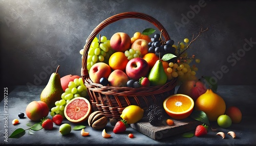 Fototapeta Naklejka Na Ścianę i Meble -  fruits a basket of fresh fruit, on a dark background