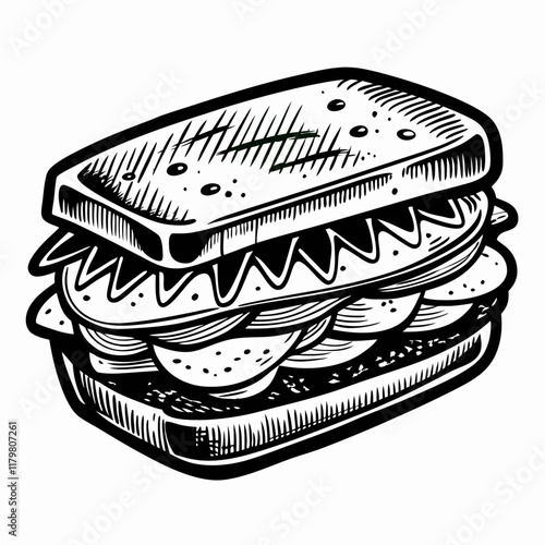Vintage Sandwich Illustration Black and White Ink Drawing of Classic Deli Sandwich